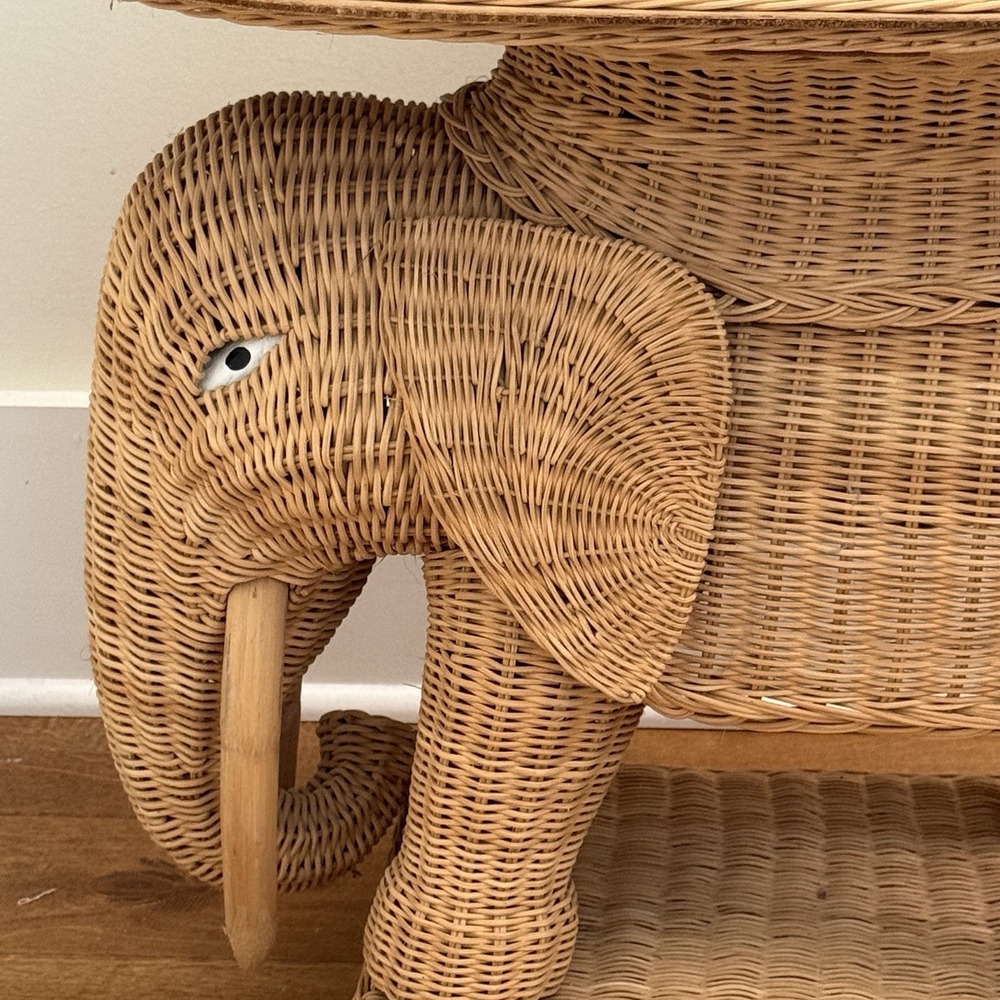 Vintage Wicker Elephant Accent Table Removable Tray Plant Stand Boho Rattan Deco - Picture 4 of 11